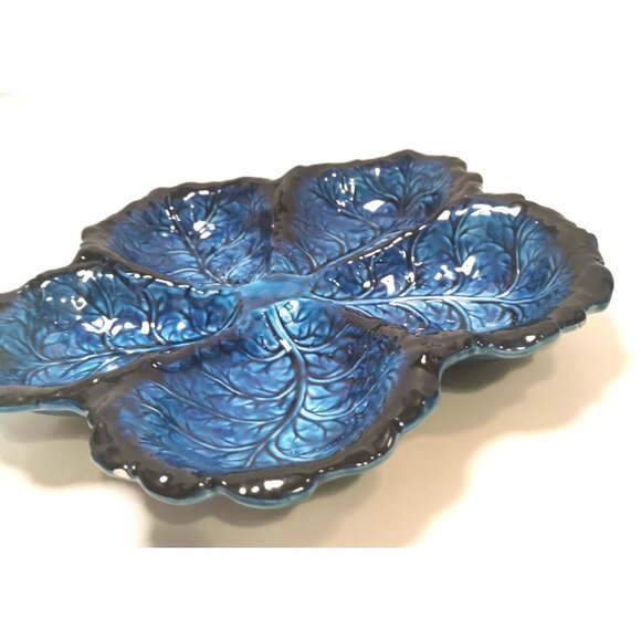 Serving DIsh Vintage Inarco Japan Mood Indigo FIve Section Cabbage Leaf - Picture 8 of 10